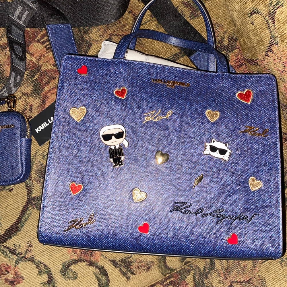 Karl Lagerfeld Blue Handbag with Red and Gold Heart Details